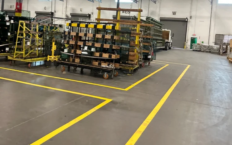 Warehouse with metal shelves, pallets on carts, and yellow-lined pathways