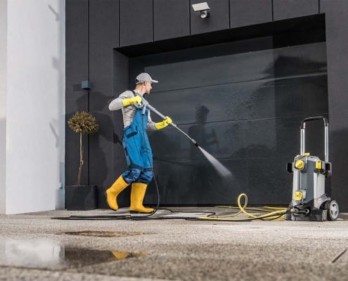 parking garage being pressure washed